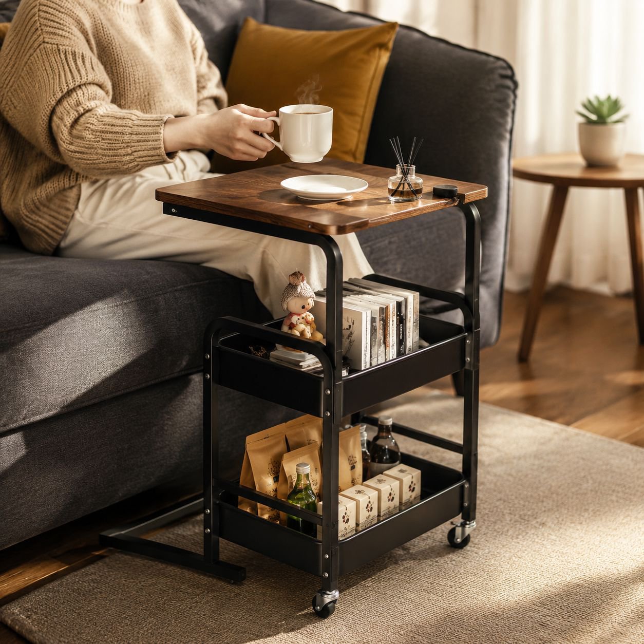 Trolley snack rack retro multi-layer storage rack medieval style living room movable storage floor s