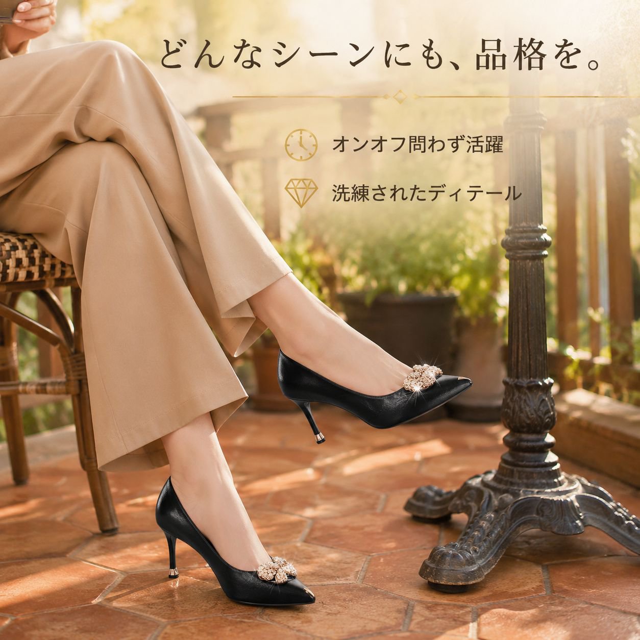 万能ラインストーン中ヒール黒ハイヒールレディース細ヒールパンプス