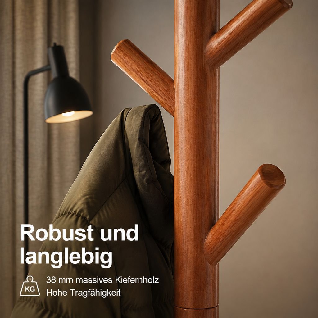 Freistehende Garderobe und Hutablage aus Massivholz