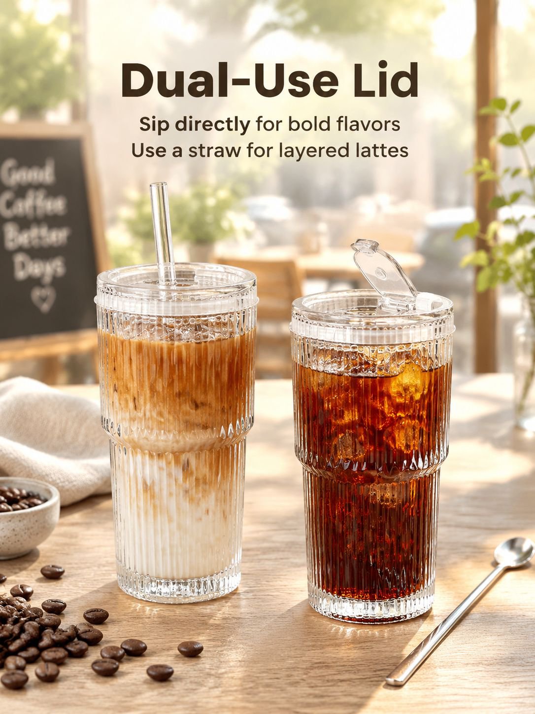 Close-up of the elegant striped texture on a clear glass coffee cup