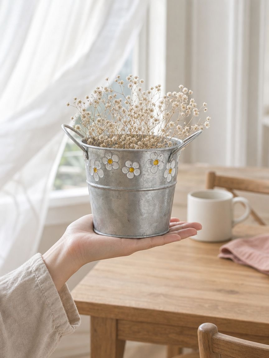 Charming rustic tin bucket for dried flowers