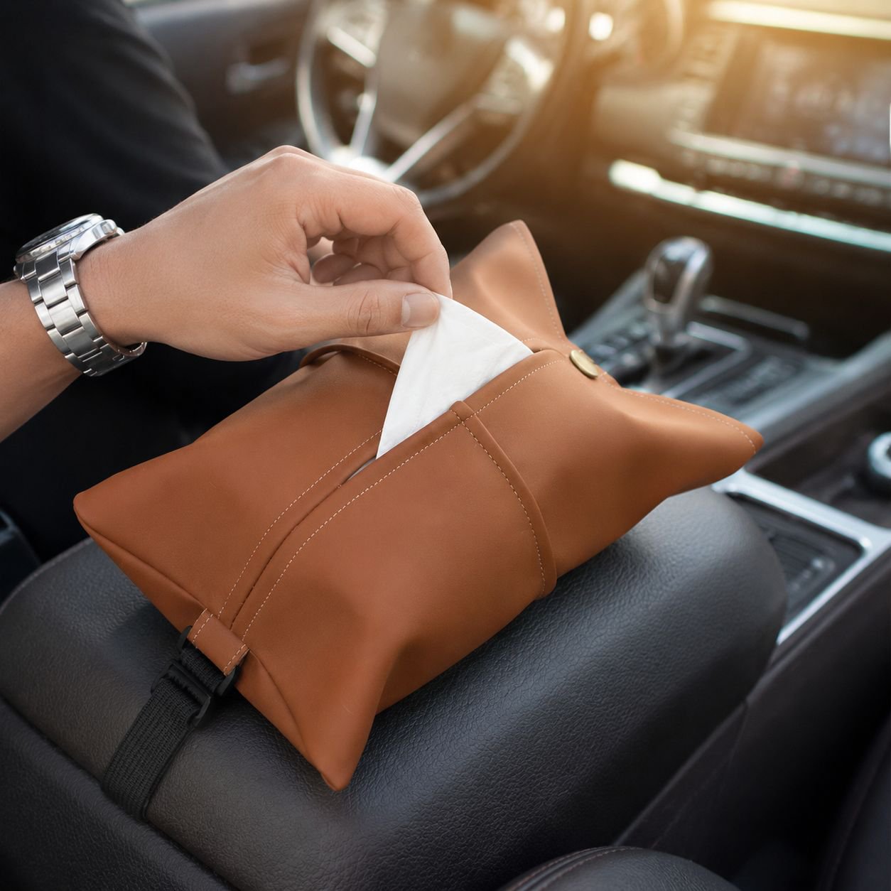 Close-up of car tissue box design and material