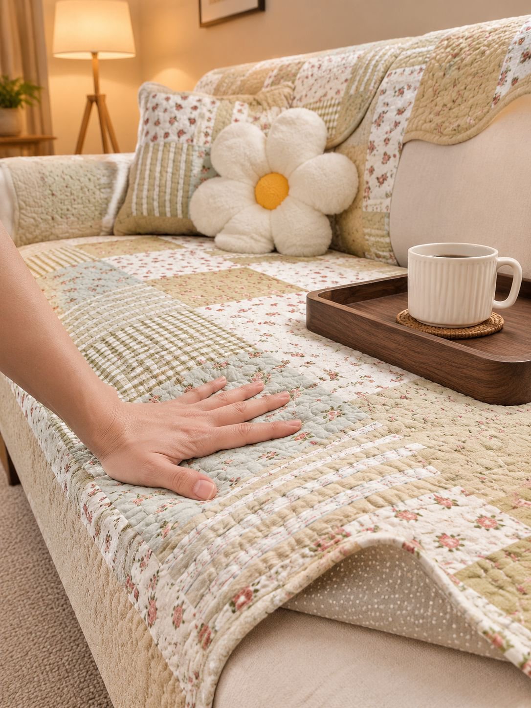 Wohnzimmer mit dekorativer Baumwoll Sofaauflage