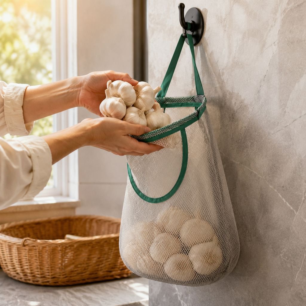 Sac en maille suspendu pour rangement d’ail