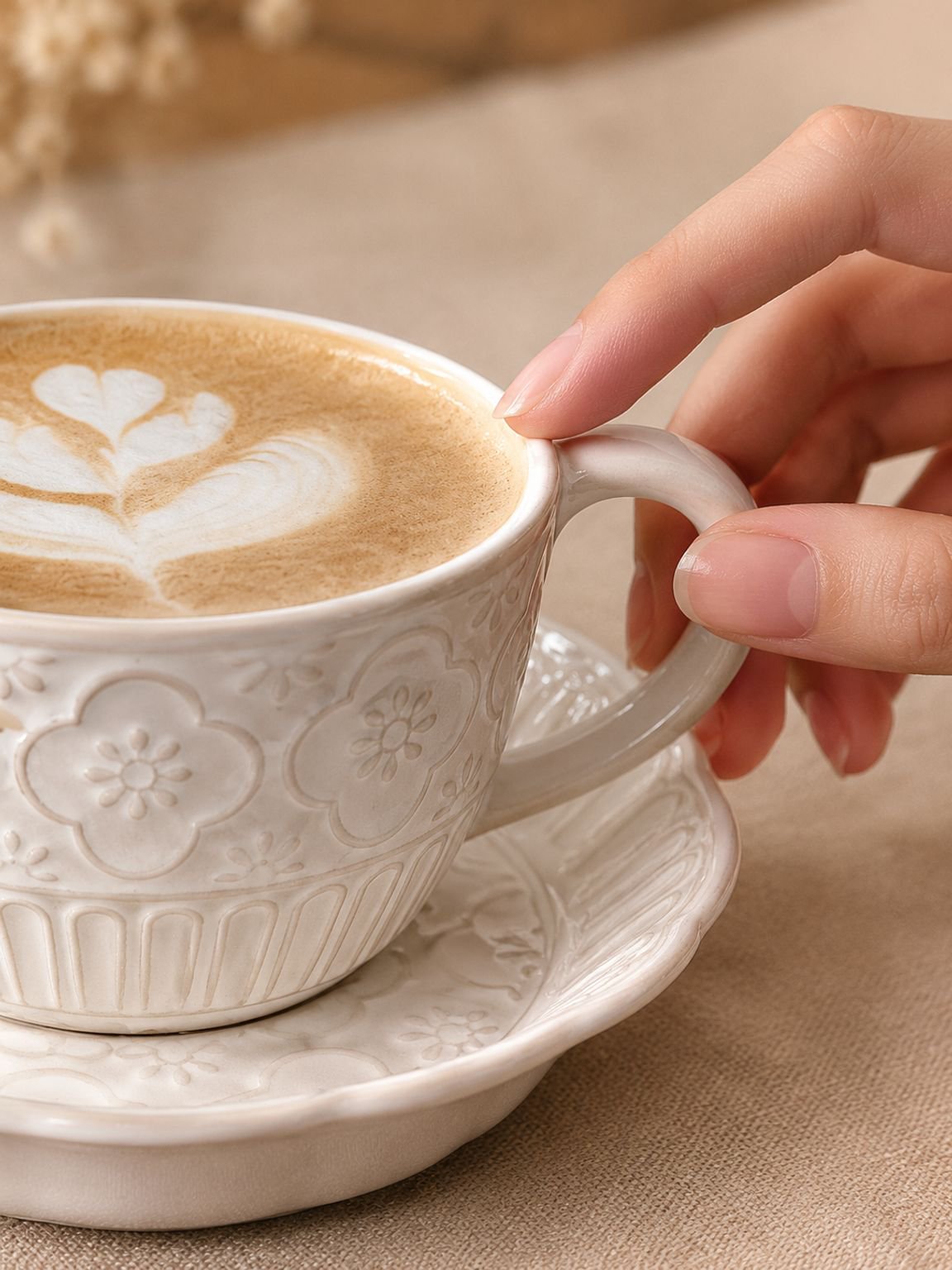 Detailed view of raised embossed design on coffee cup and saucer