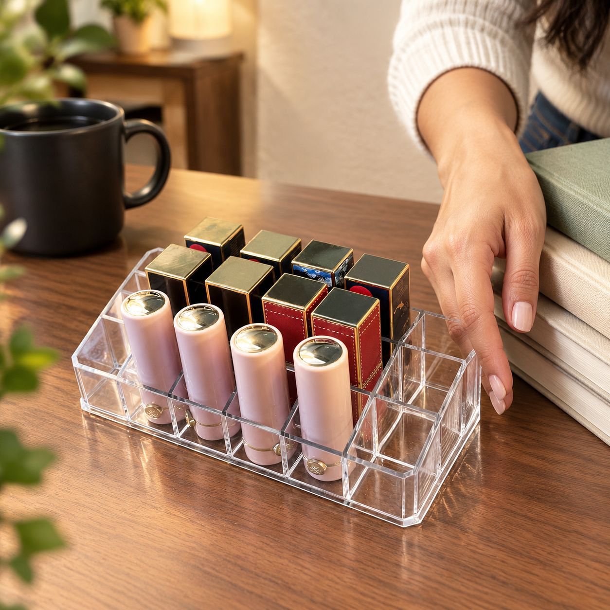 Organizador de labiales transparente con múltiples compartimentos
