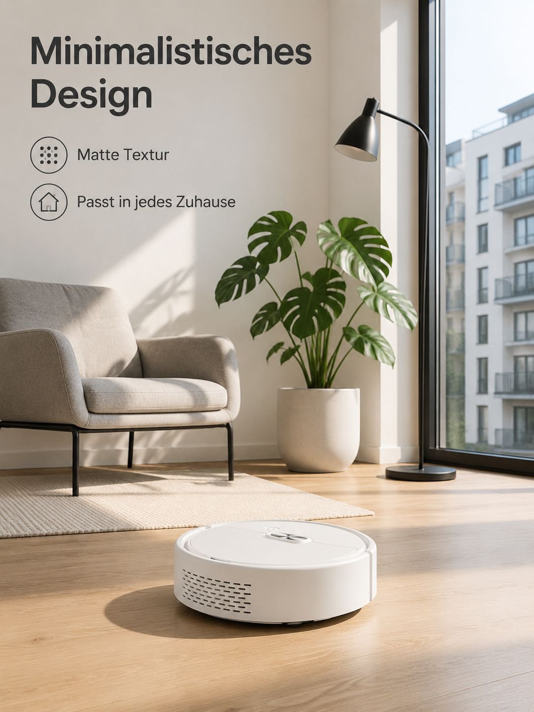 Intelligenter Staubsauger- und Wischroboter im modernen Wohnzimmer