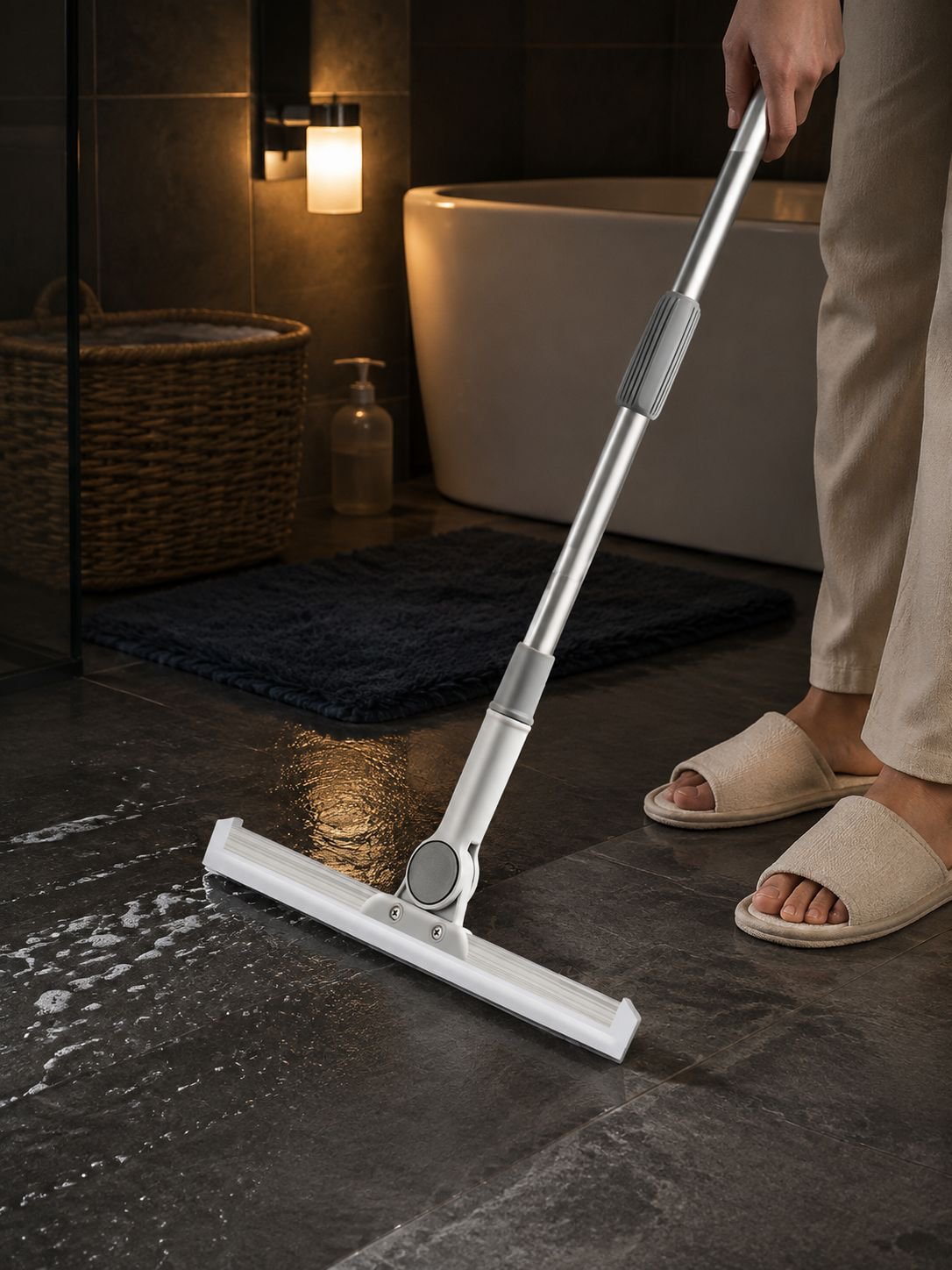 Retractable handle silicone squeegee for bathroom cleaning