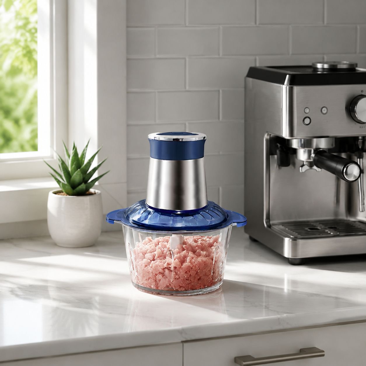 Small electric vegetable meat grinder on kitchen counter