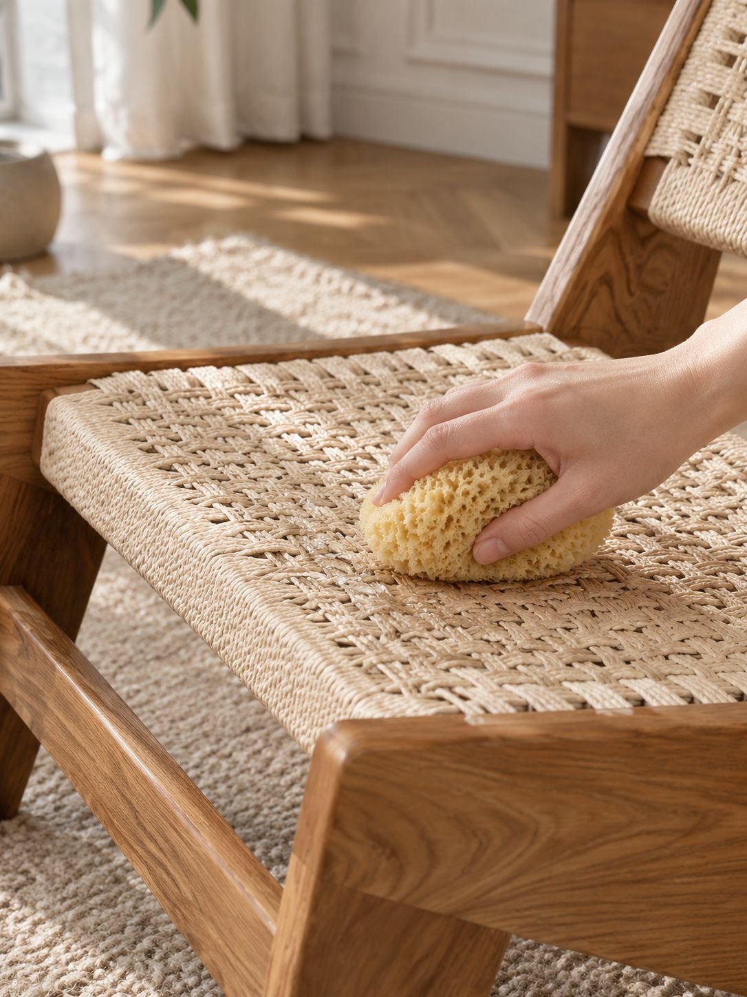 Confortable fauteuil en bois massif avec assise tressée