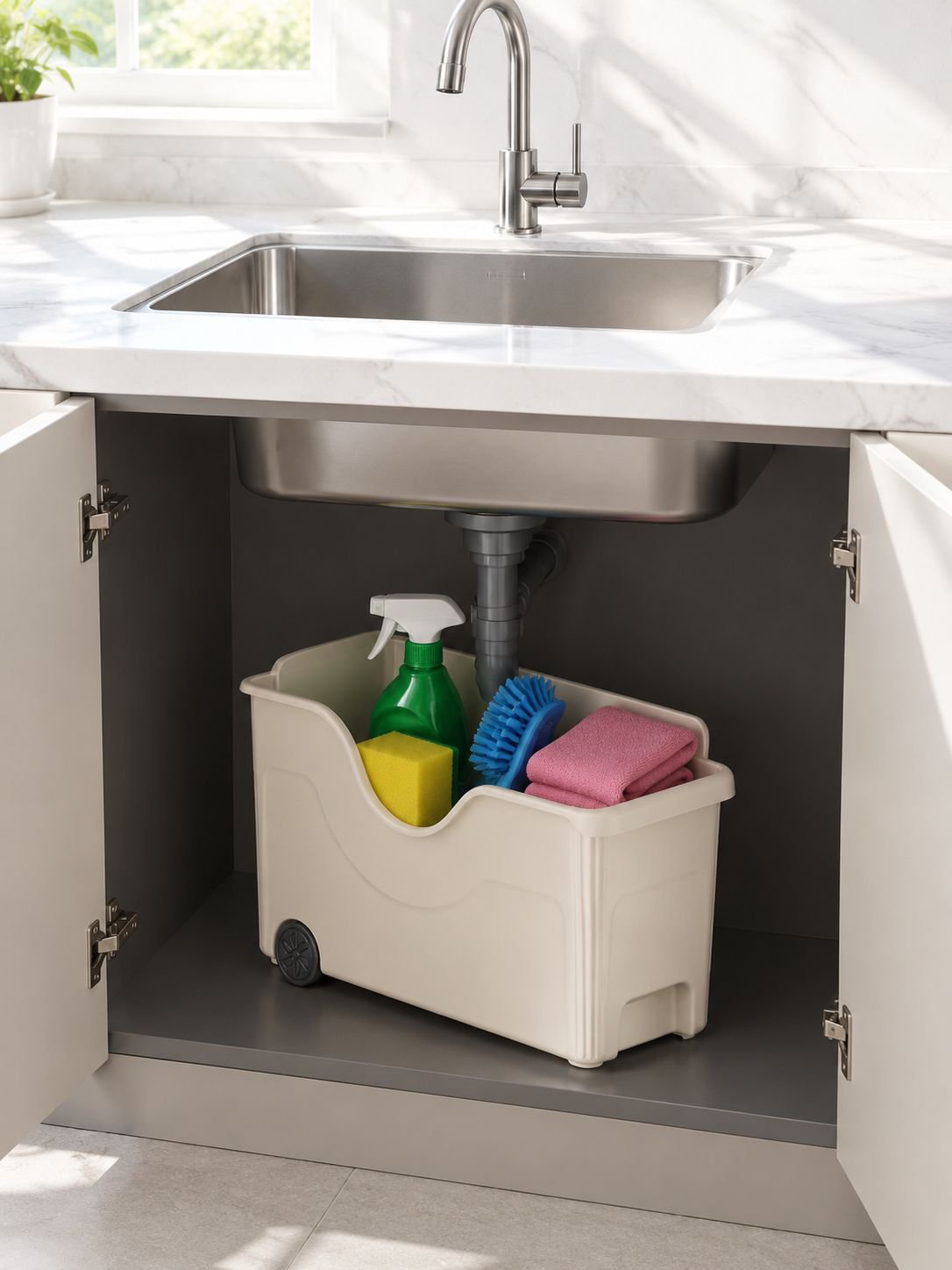 Household kitchen finishing box with pulley feature