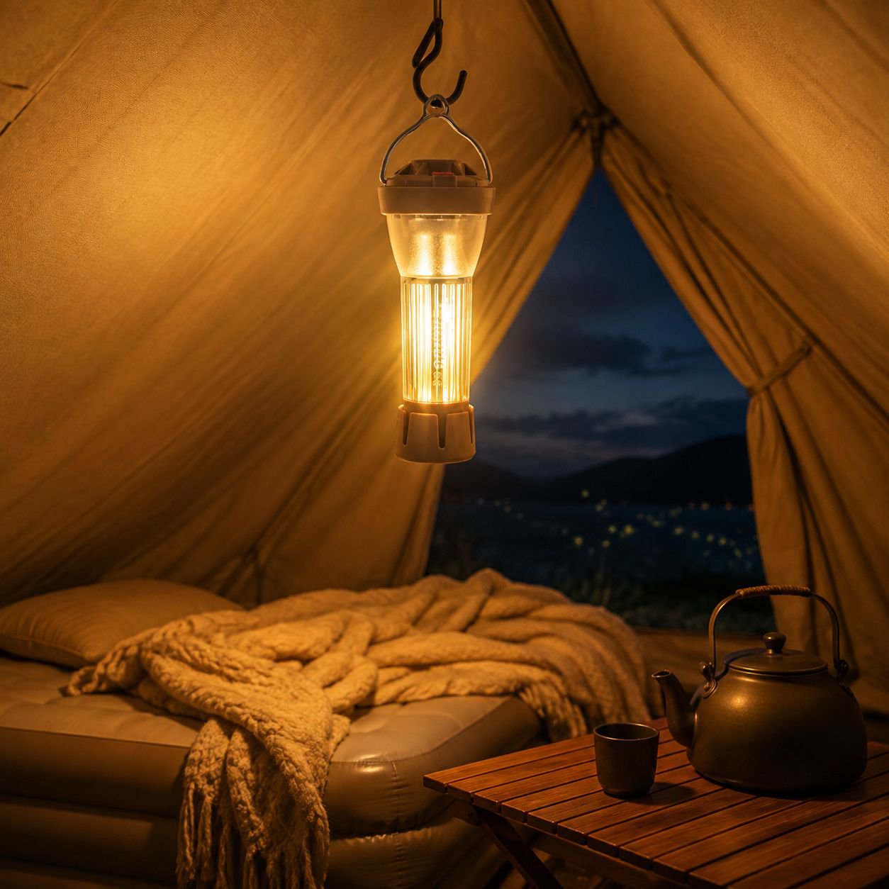 Outdoor camping atmosphere light hanging inside a tent