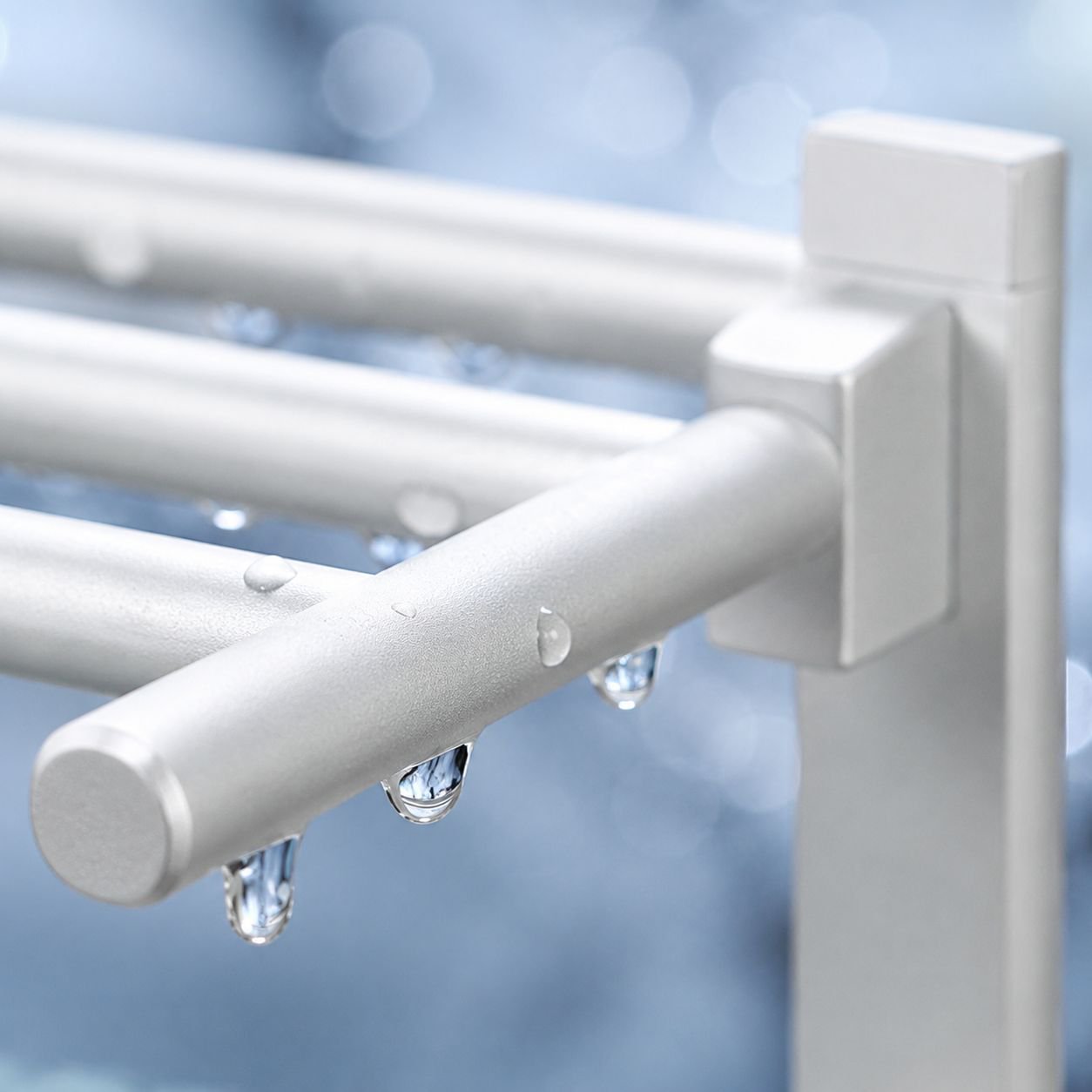 Minimalist white bathroom towel shelf close-up
