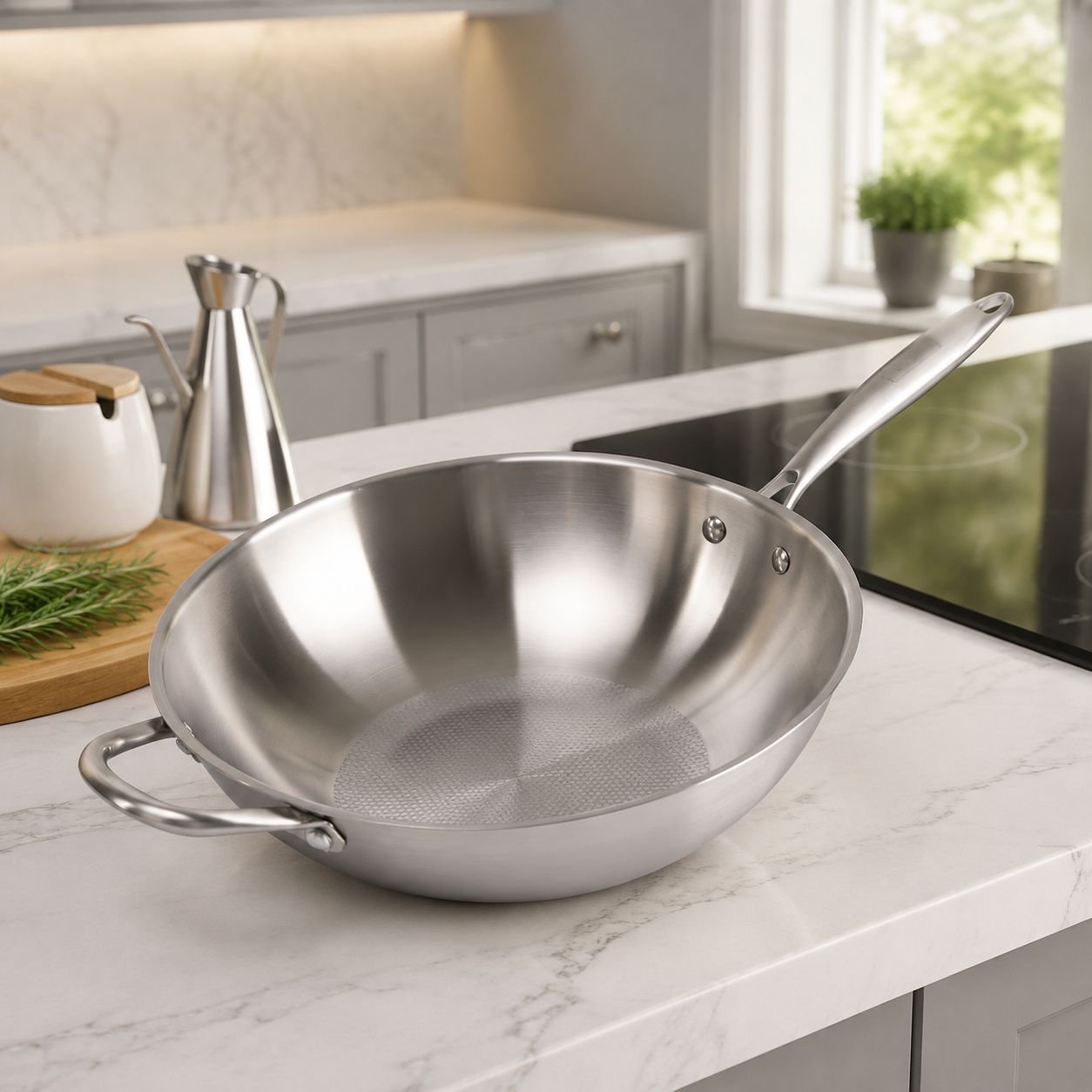 Household 304 Stainless Steel Non-Coated Frying Pan, Suitable for IH Cooktops