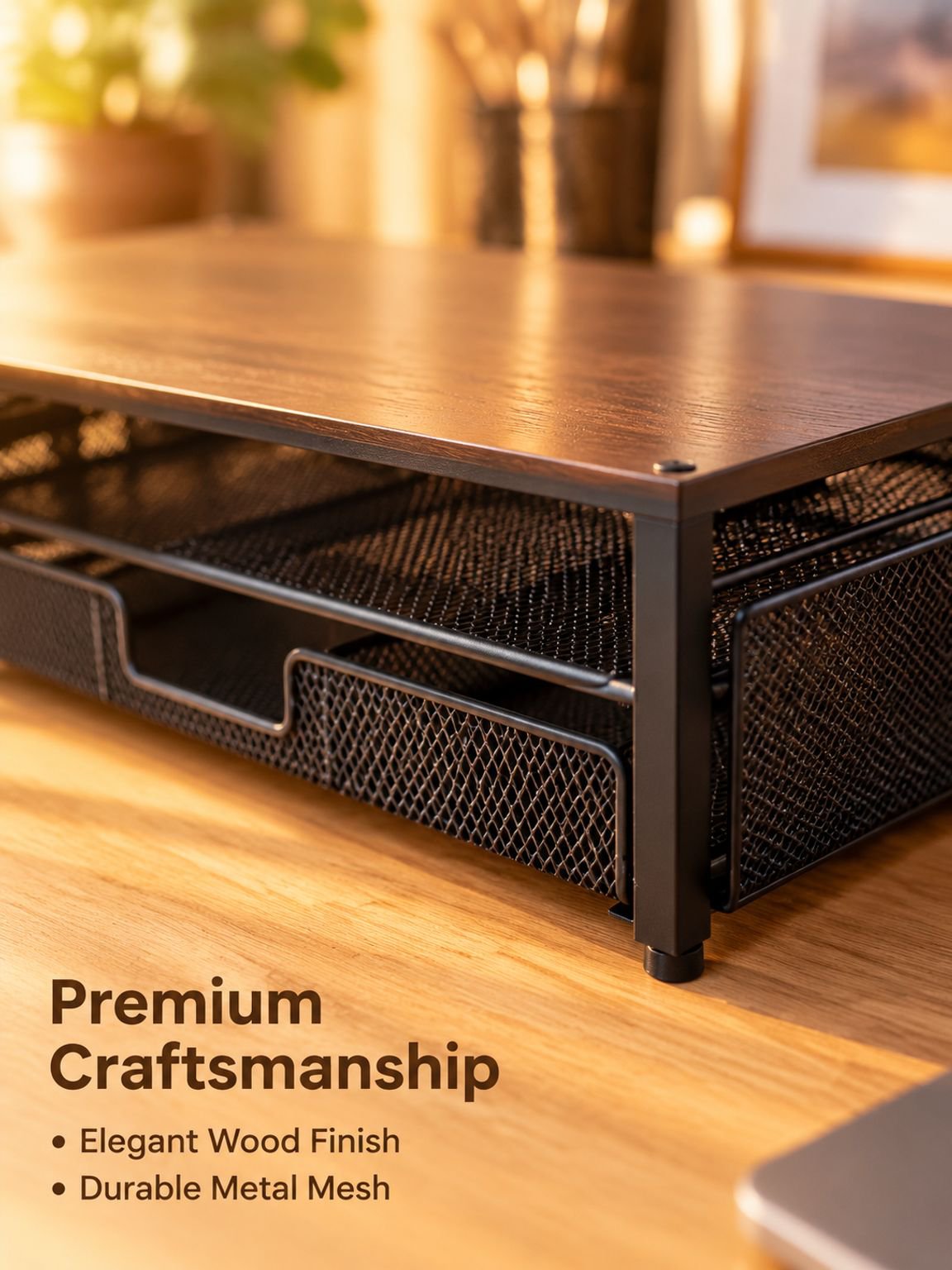 Dual-Layer Metal & Wood Monitor Stand with Drawer Desktop Organizer