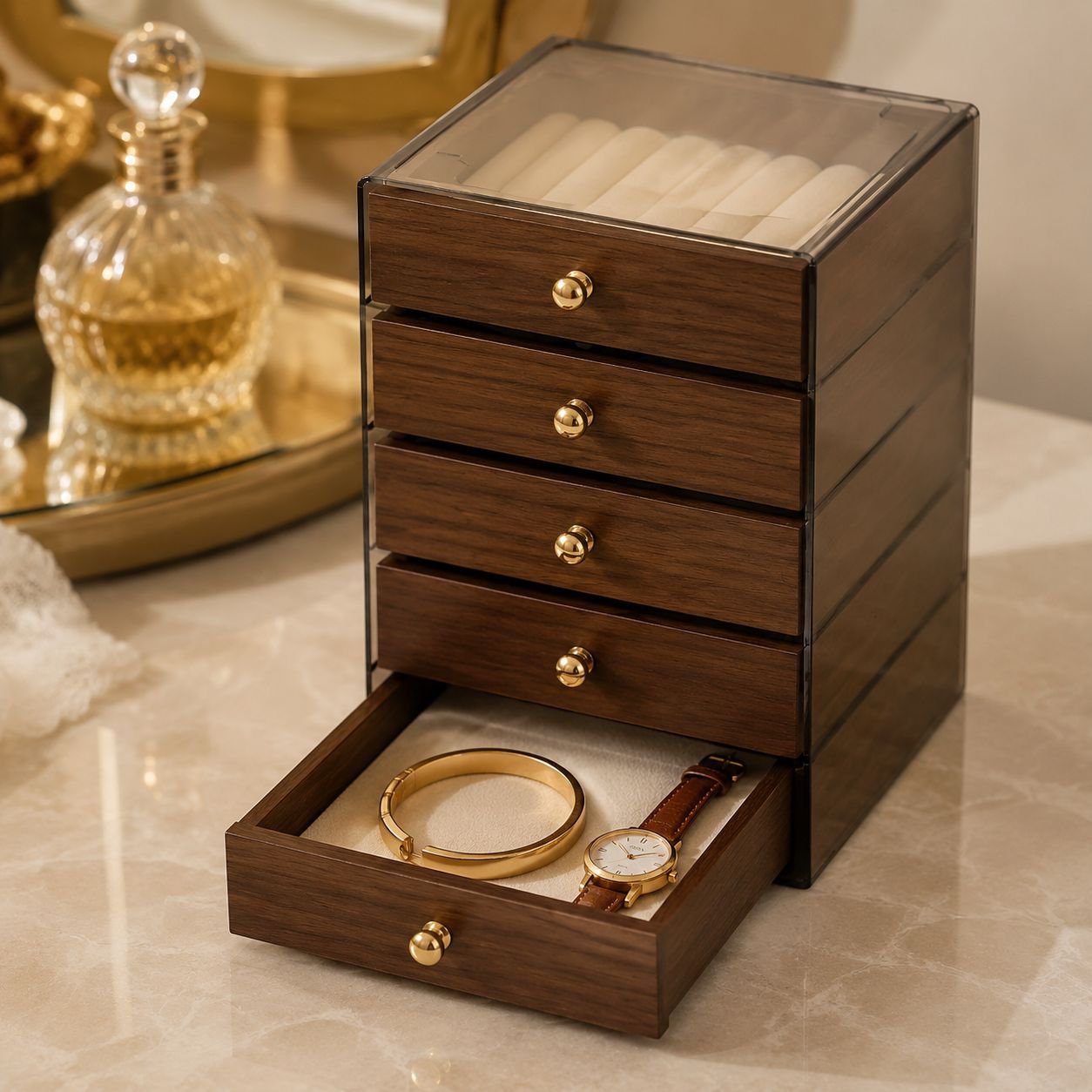 Earring holder slots in stylish jewelry box