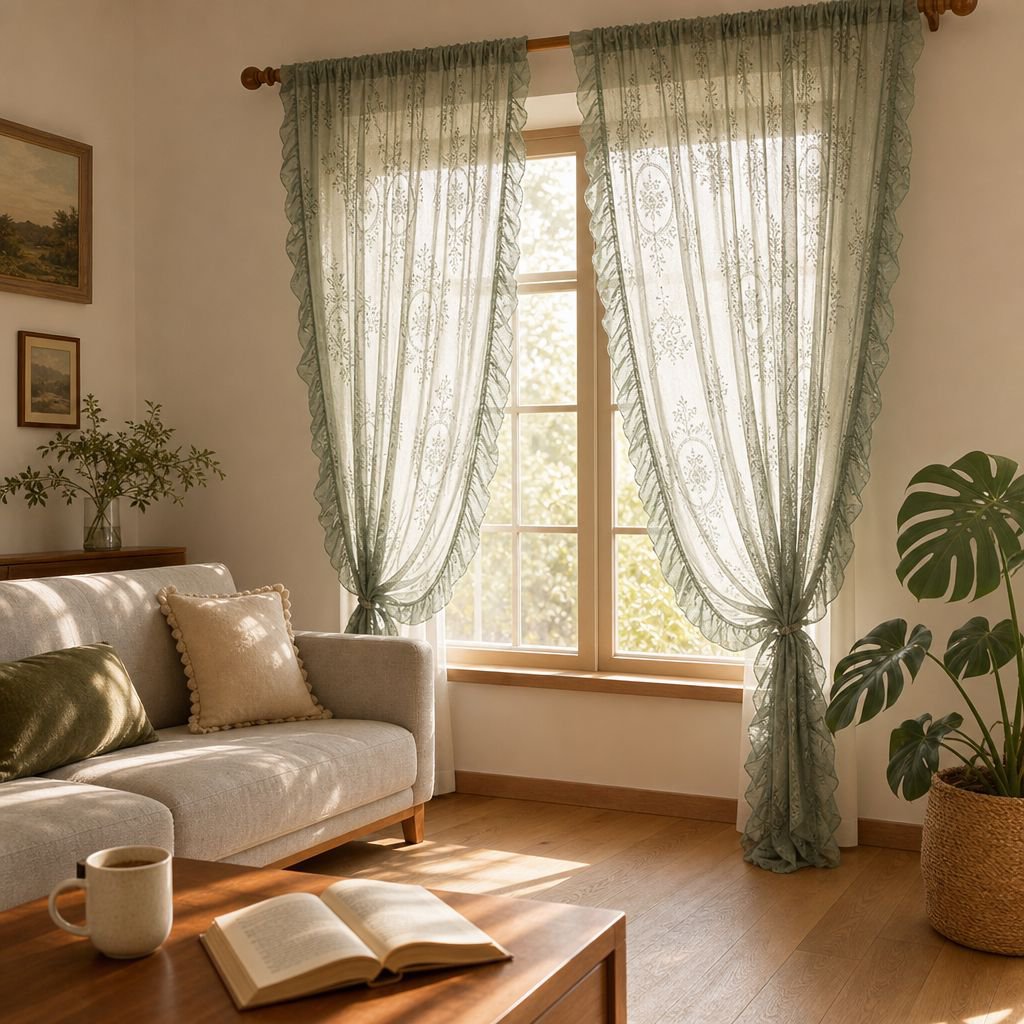Romantische halbverdunkelnde Spitzen-Gardine mit Rüschen für Landhausstil Wohnzimmer