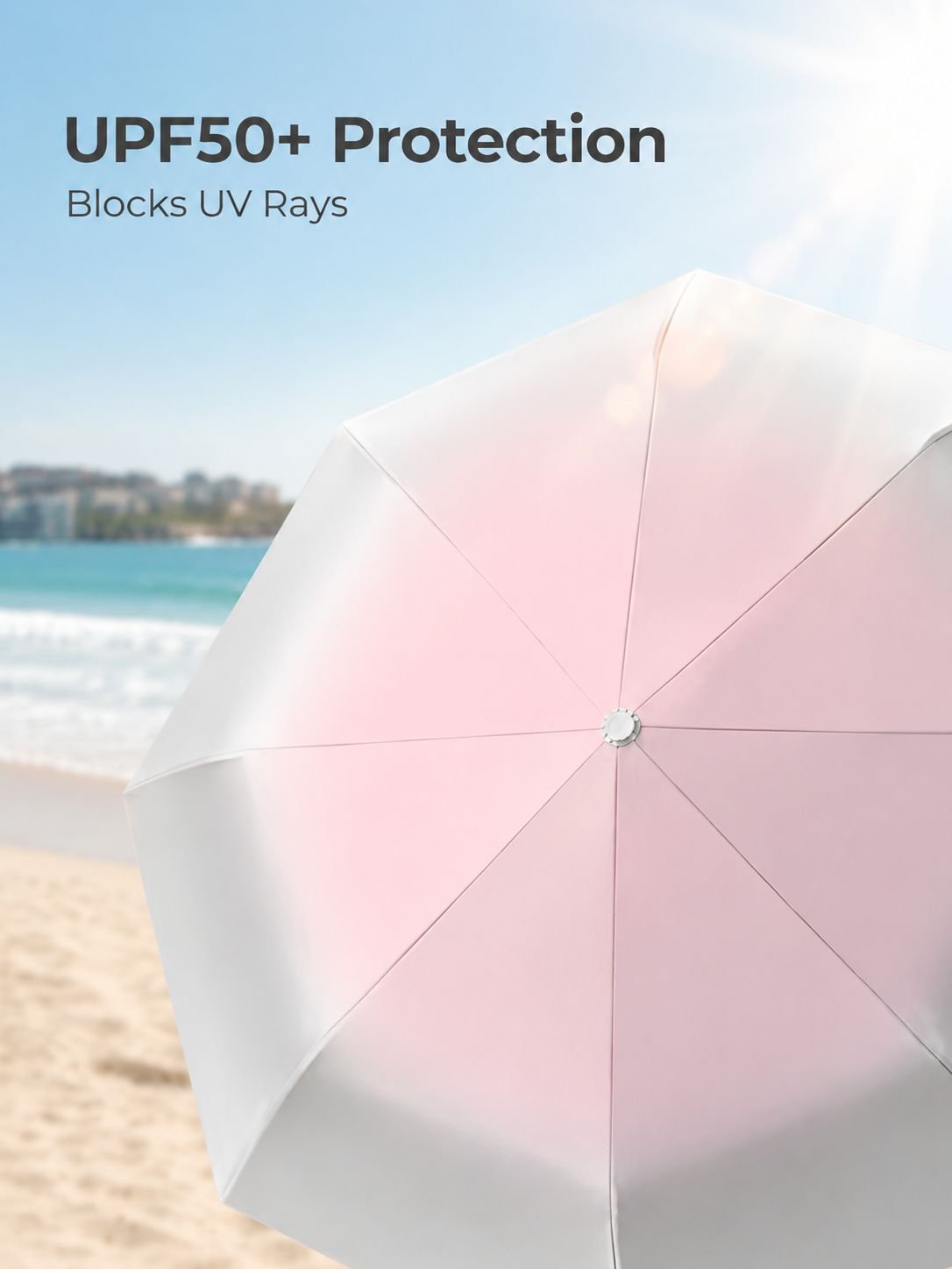 Automatic gradient umbrella open to show its colorful canopy