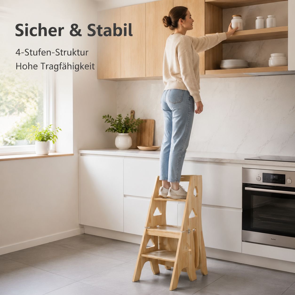 Vierstufiger Klappleiterhocker aus Holz