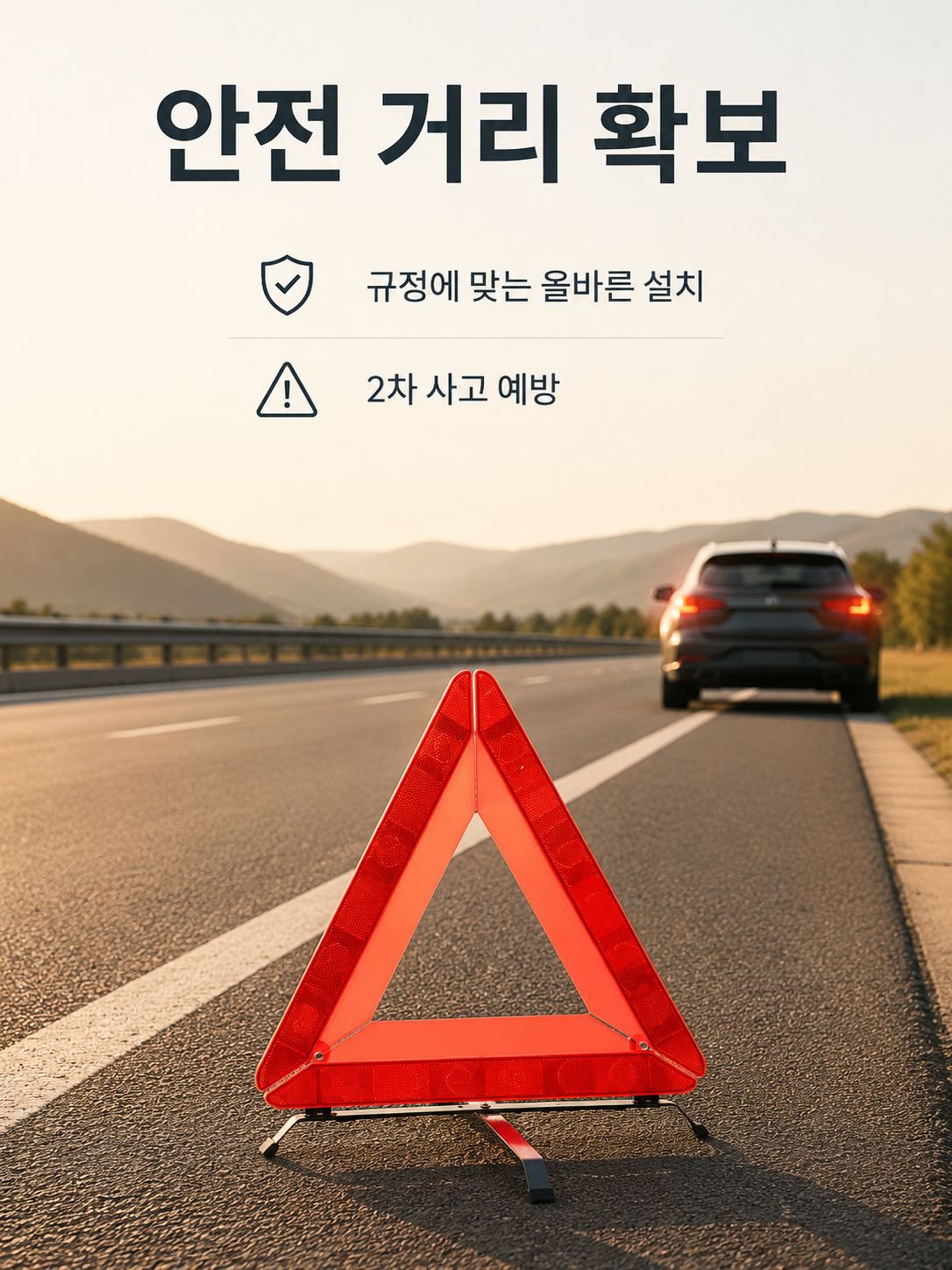 고장 차량 앞에 놓인 반사 삼각대