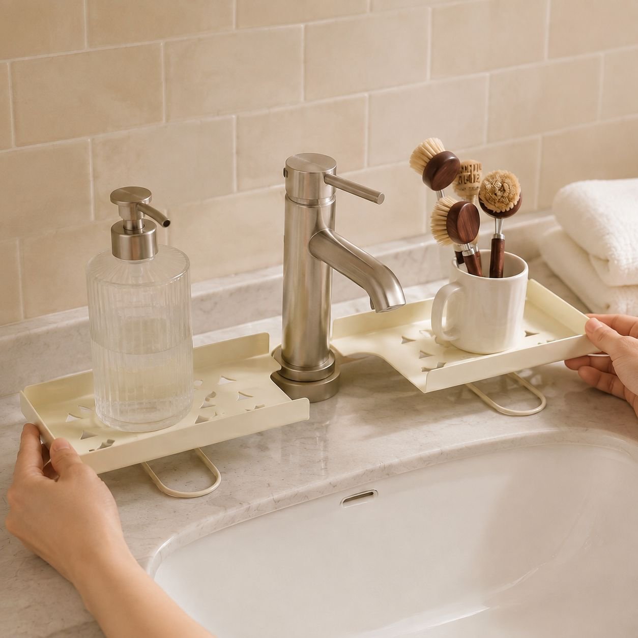 Bathroom organization with faucet-mounted plant stand