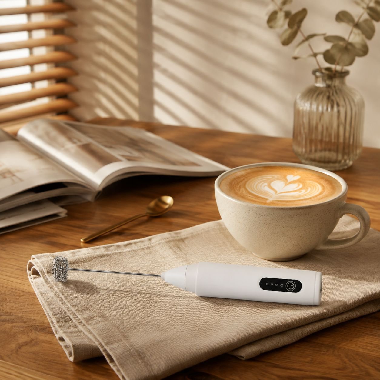 Portable milk frother in modern kitchen setting