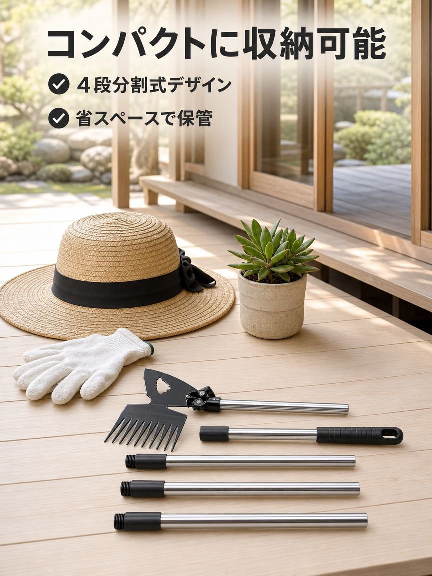 土をほぐしたり、雑草を取り除いたり、ガーデニングをするための、両面使える万能鍬、除草熊手、家庭用園芸道具。