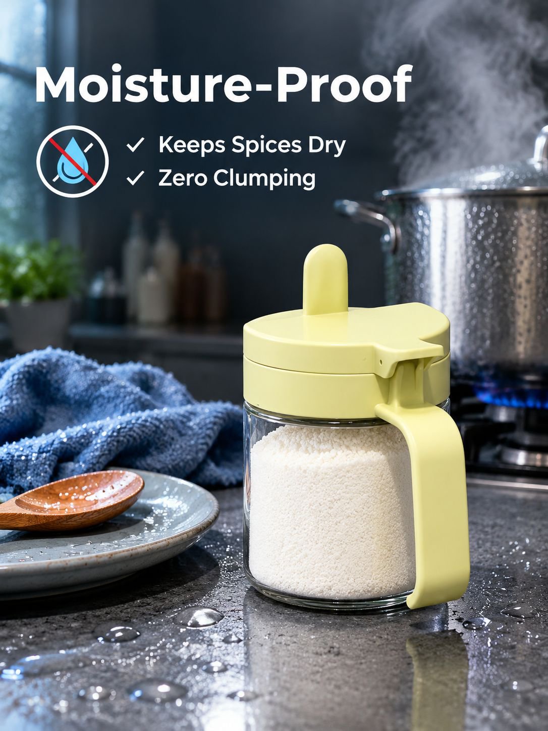 Transparent plastic spice storage jar for organized kitchen shelves