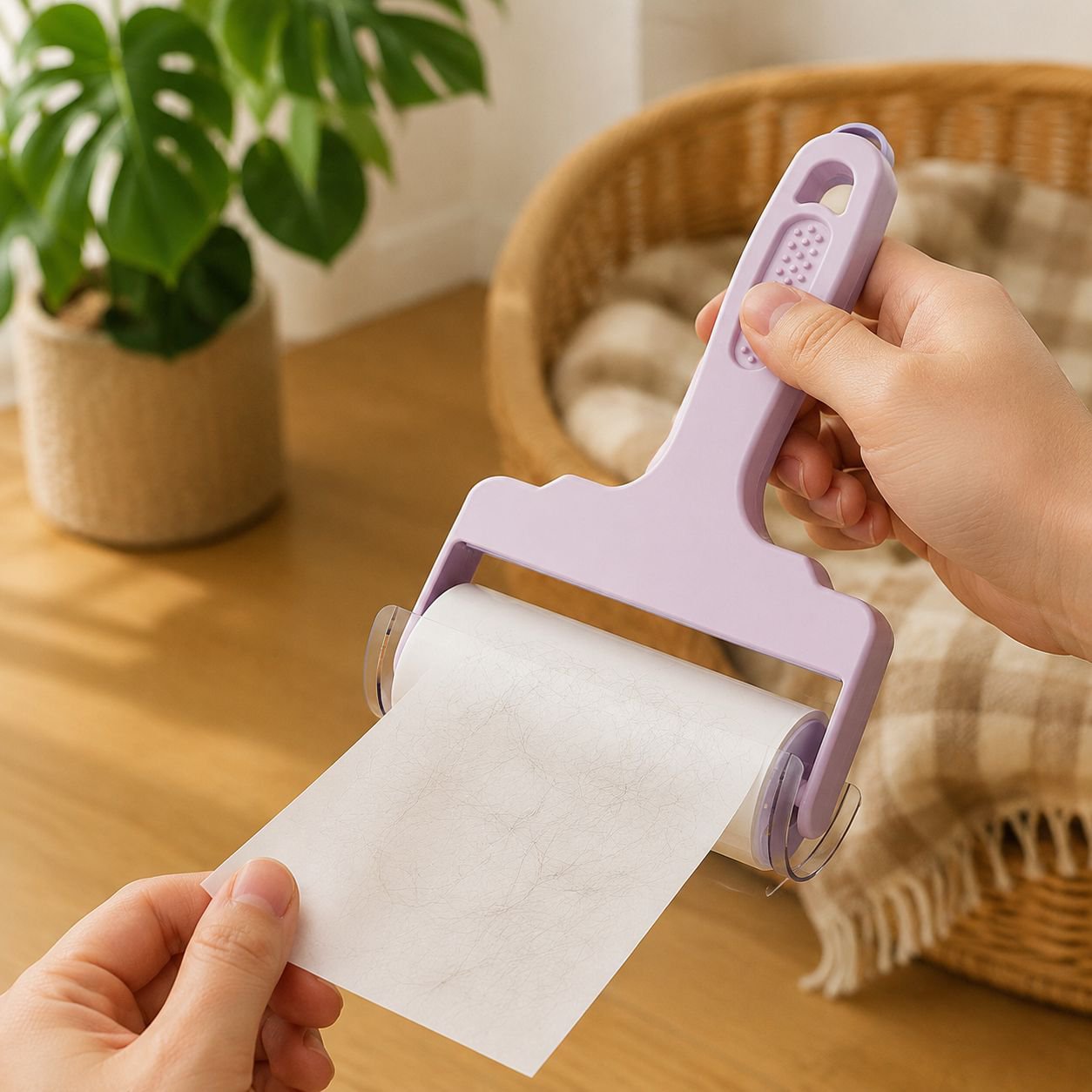 Reusable lint roller removing pet hair from fabric