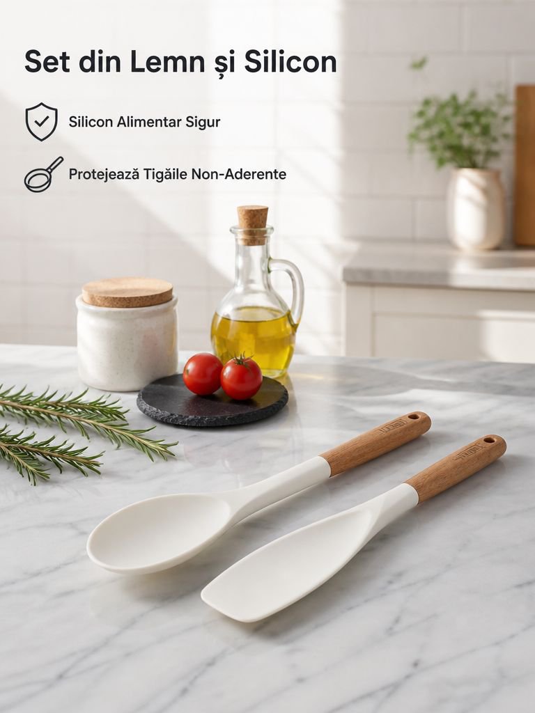 Set de lingură și spatulă din silicon cu mâner scurt din lemn