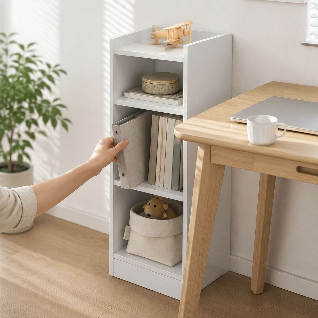 Space-saving narrow bookcase fitting in a small corner