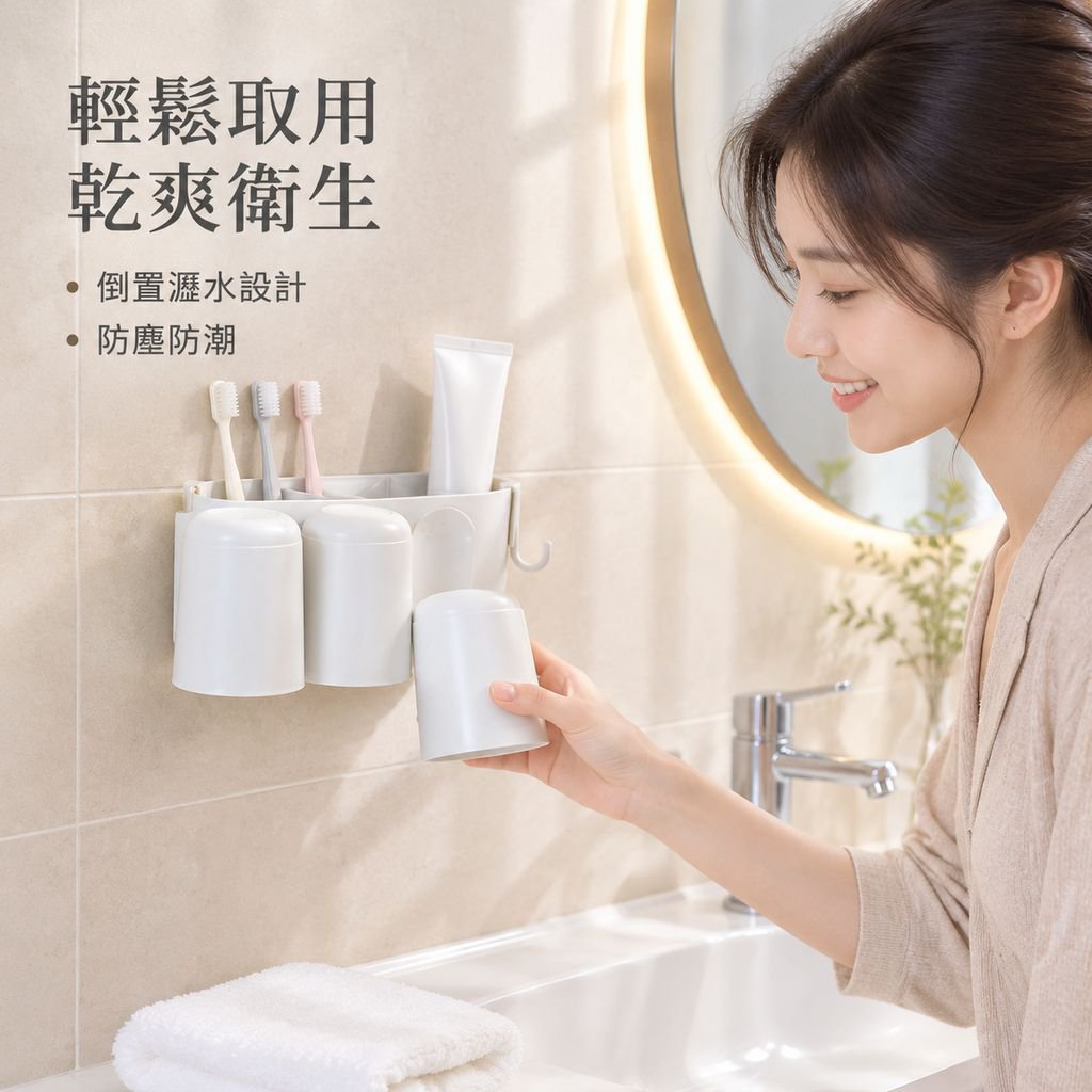 免打孔壁掛式衛浴漱口杯牙膏牙刷收納架