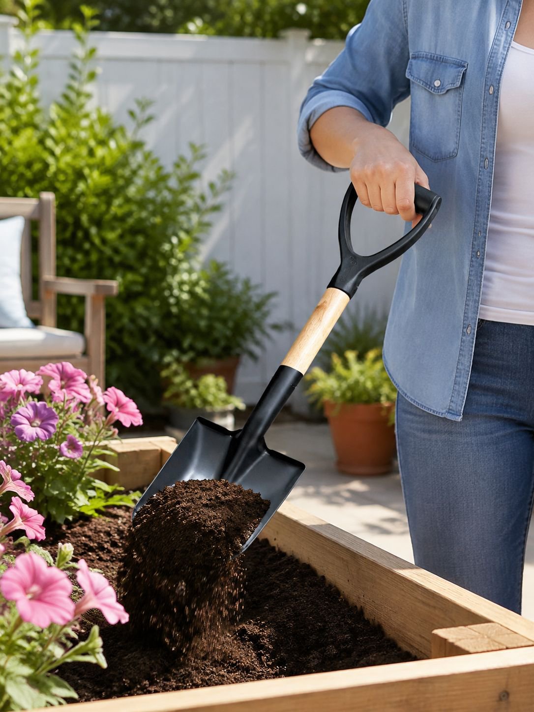 Hand holding wooden handle garden shovel