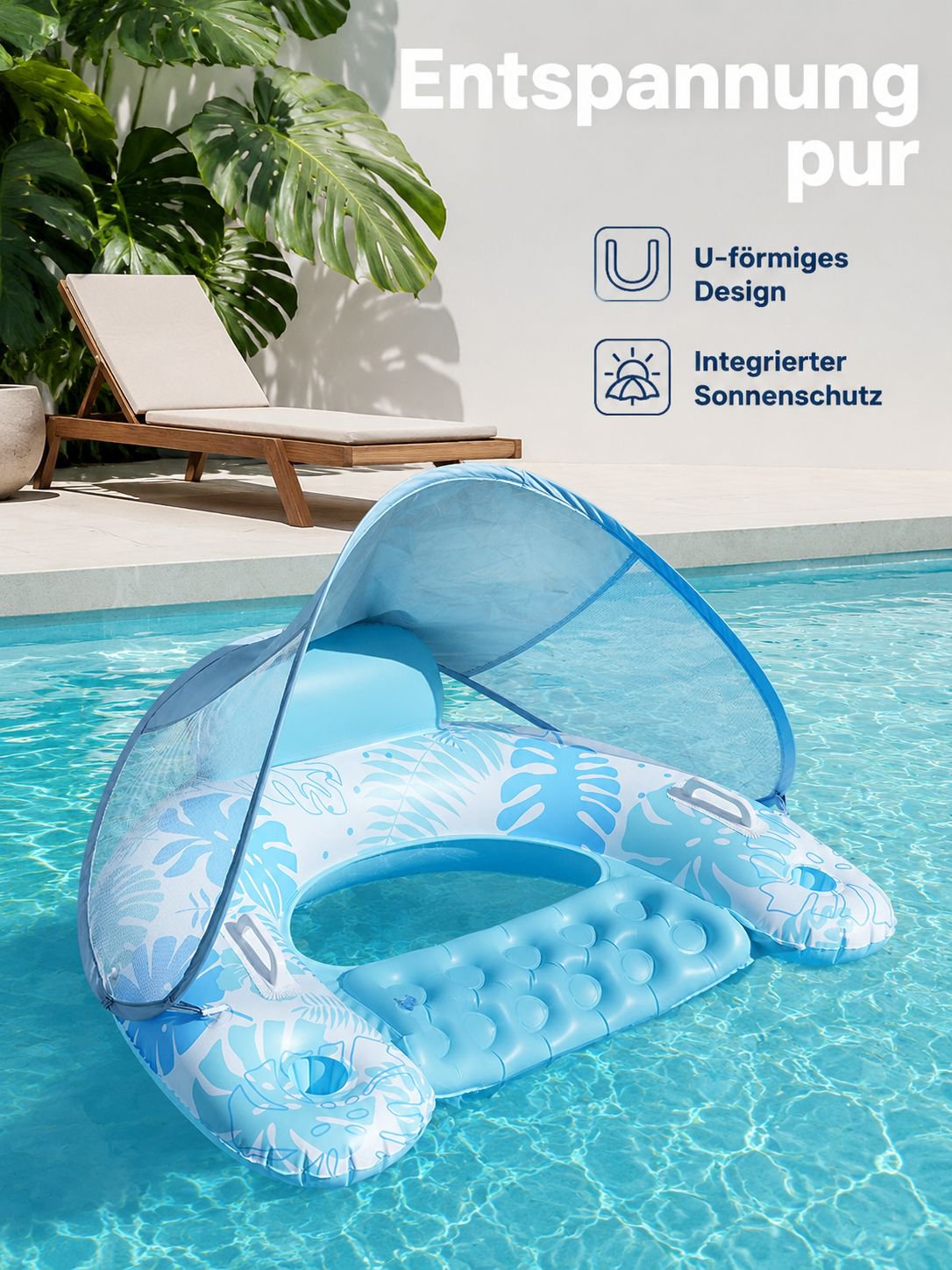 U-förmiger Liegesessel mit Sonnenschutz und schwimmendem Rumpf