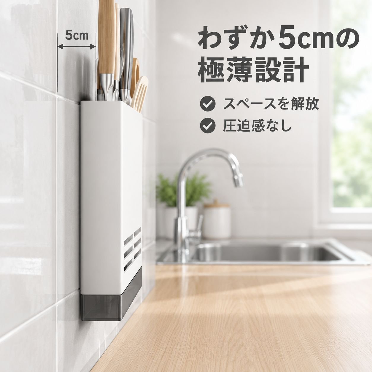 穴あけ不要の壁掛け式包丁・箸ラック