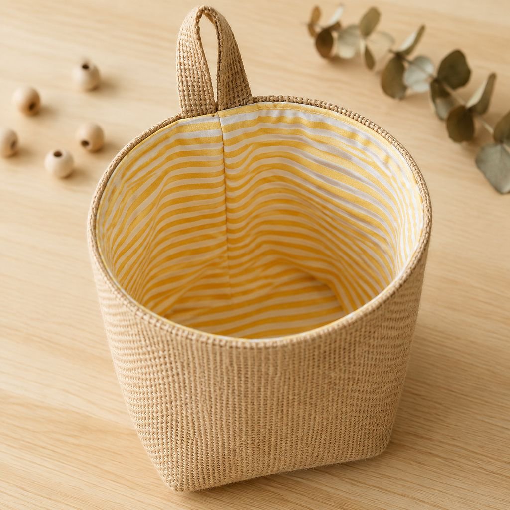 Wall-mounted jute organizer holding keys and mail