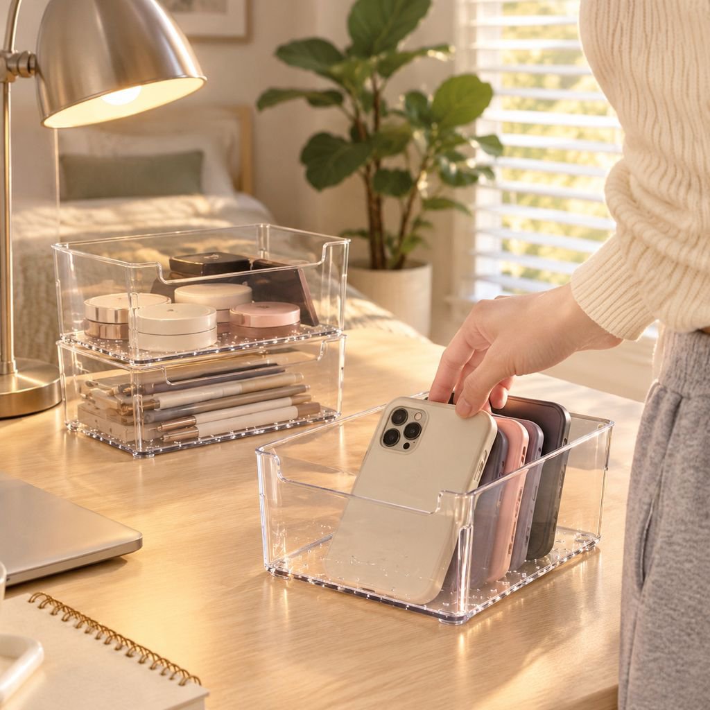 Caja apilable transparente de acrílico para fundas de móvil