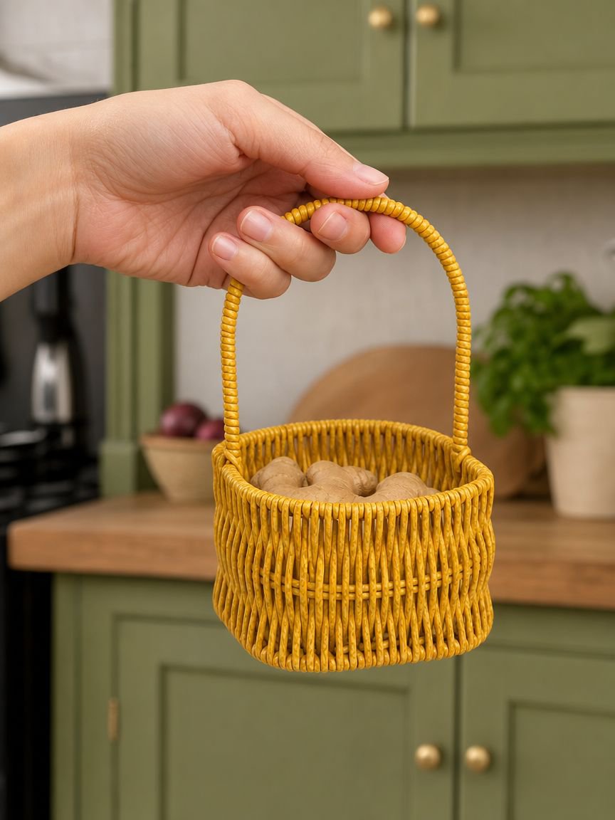 Rustic rattan-look basket storing onions and garlic