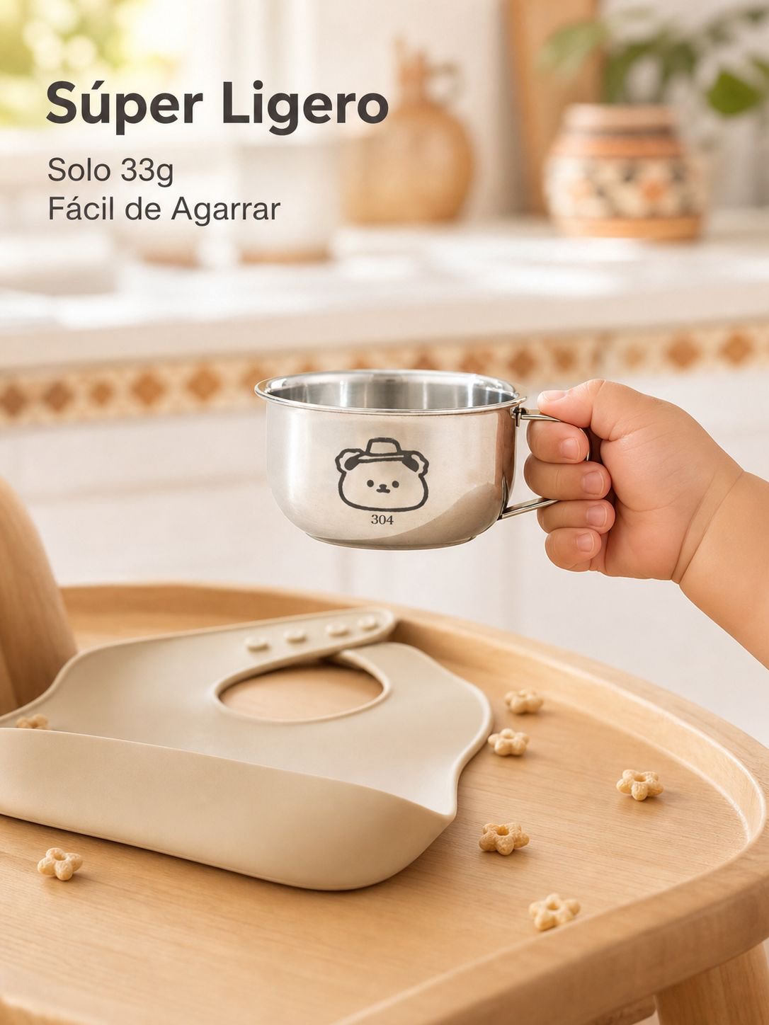 Vaso infantil de acero inoxidable con asa y protección contra quemaduras