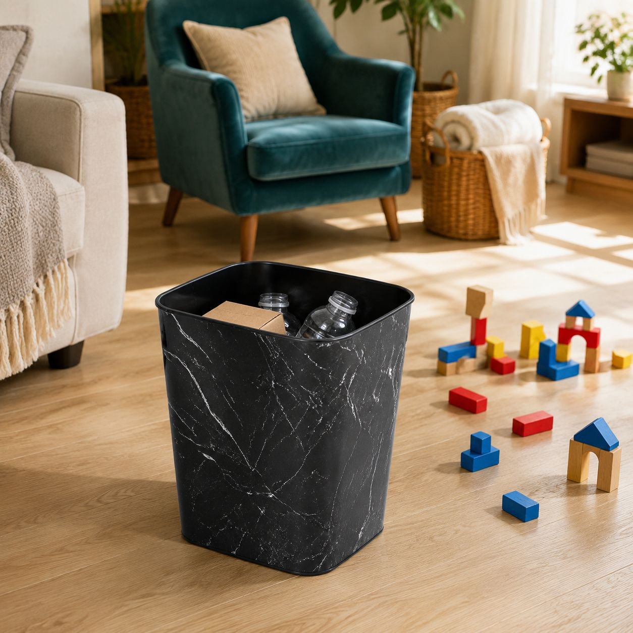 Modern marble pattern trash can in bathroom