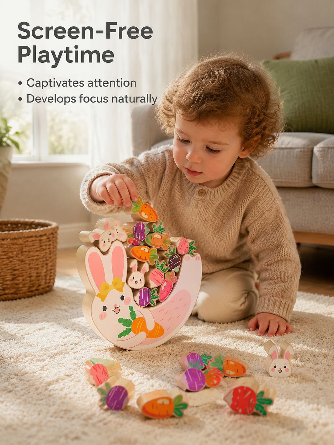 Children's Rabbit Balance Stacking Wooden Blocks Stacking Game, Educational Board Game for Babies an