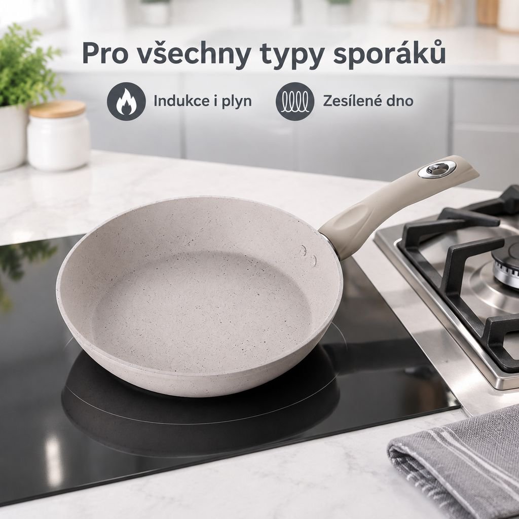 Nepřilnavá kameninová pánev na steaky a palačinky, zesílená pro indukci a plyn