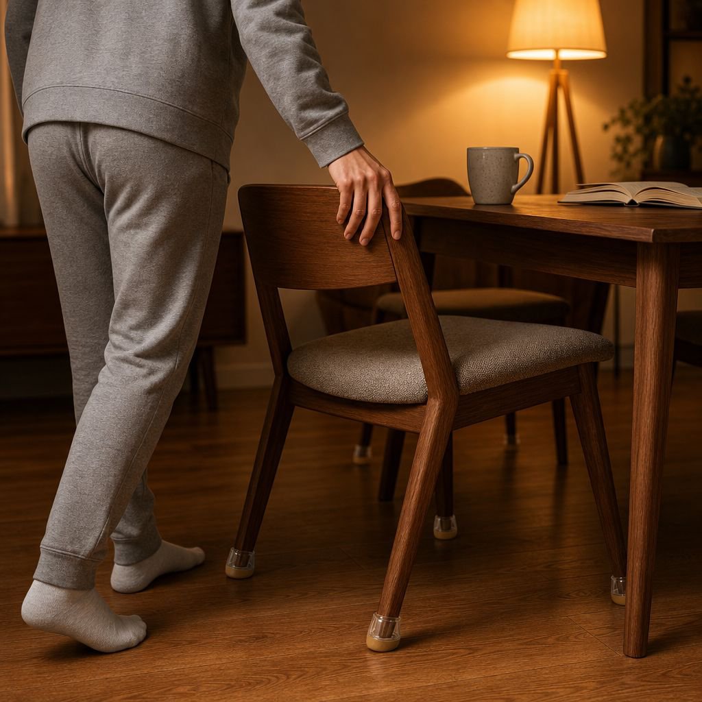 Non-slip chair leg protectors on wooden chair