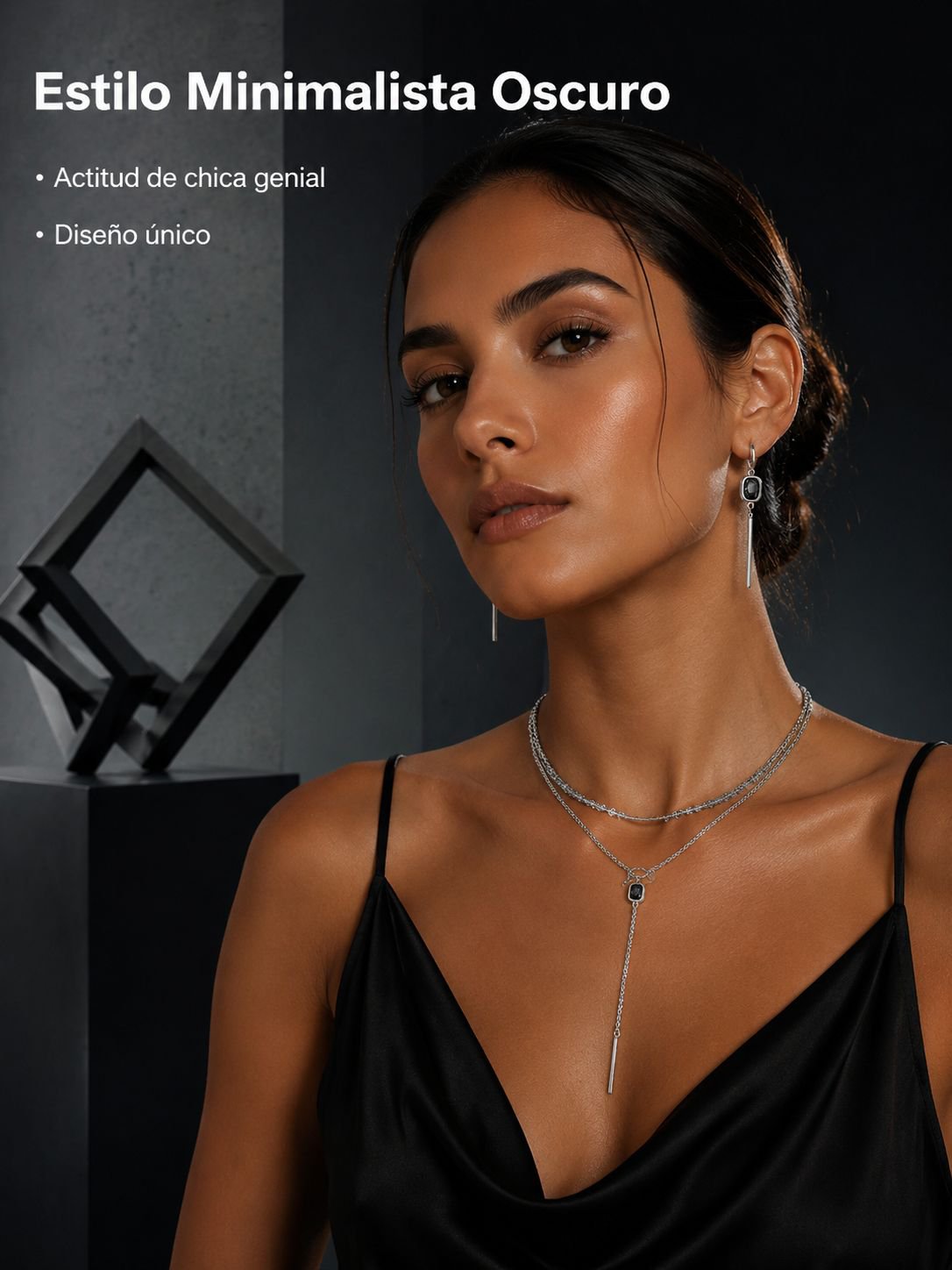 Collar de diamantes negros cuadrado con diseño geométrico, estilo oscuro y minimalista para mujer
