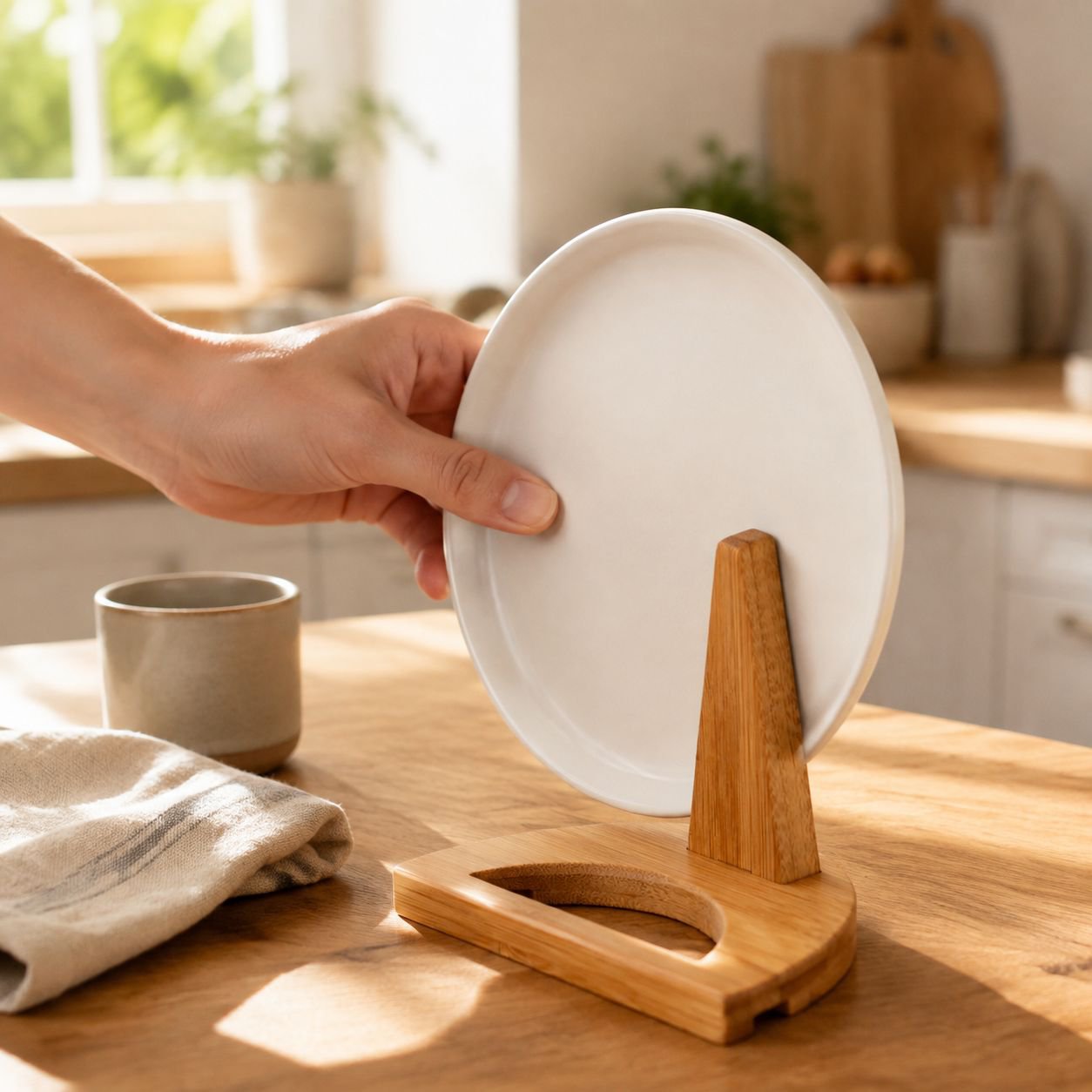 Compact bamboo plate holder for easy access