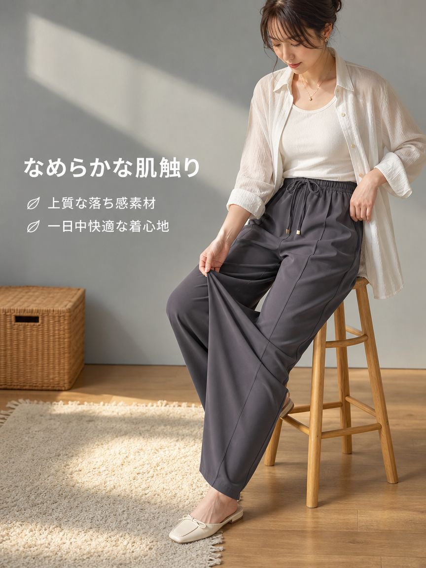 ドレープ感のあるストレートレッグのレディースカジュアルパンツ、ハイウエストのレディースカジュアルパンツ