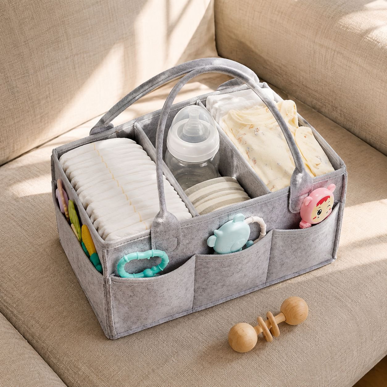 Caja organizadora de fieltro para pañales en uso