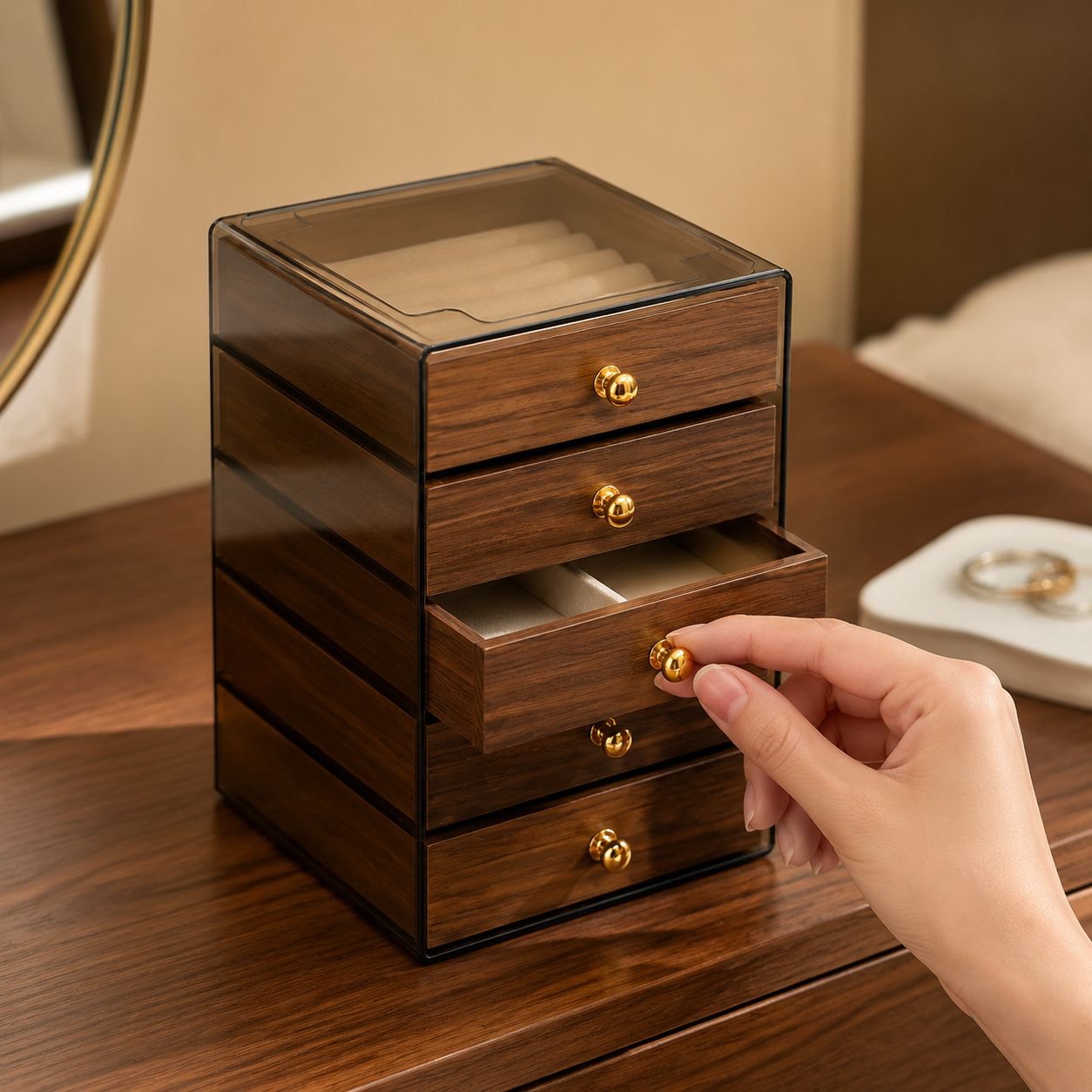 Open jewelry box displaying organized compartments
