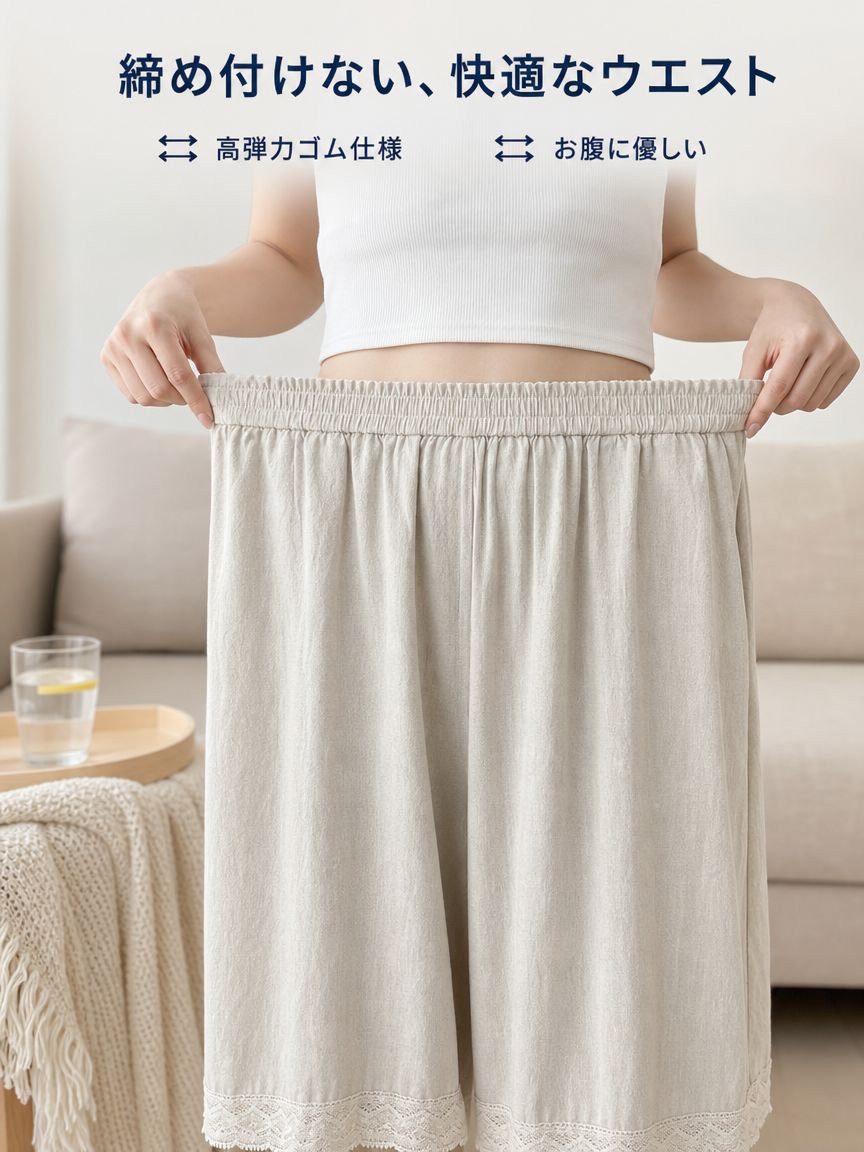 夏用綿麻ゆったりストレートワイドパンツ女性用