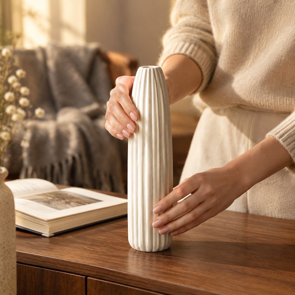 Elegant ceramic vase with fresh flowers in living room